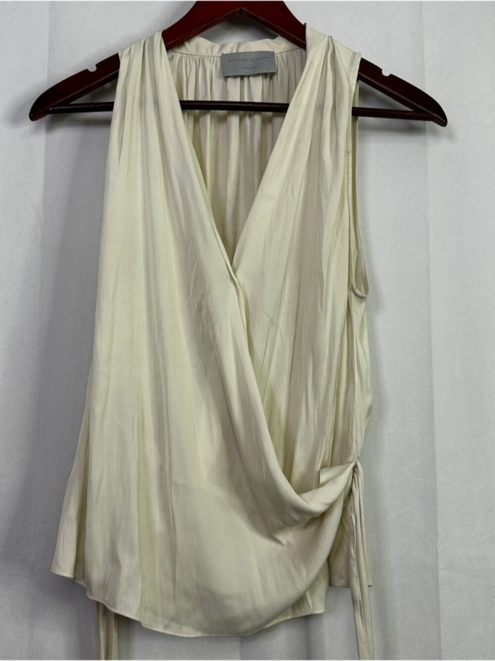 Blouse Sleeveless Belted Silk Medium Wrap-Style Cream Drape